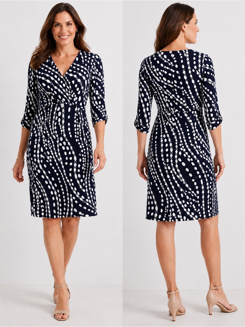 Talbots Navy & White Faux Wrap Dress Size 12 | Soft Stretch Knit | Like New